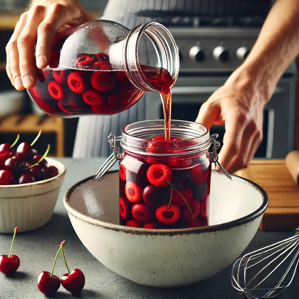 Draining sour cherries and setting aside the syrup